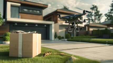 Futuristic Drone Delivery Service to Modern Suburban Home - Speed and Efficiency Concept