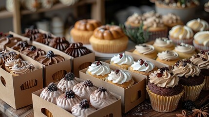 A selection of bakery boxes, including windowed and plain options. The boxes are designed for cakes, cupcakes, and pastries, with decorative touches.