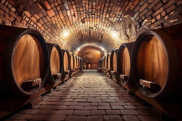 Retro wine cellar with row wooden barrels. Wine making industry. Underground alcohol storage warehouse