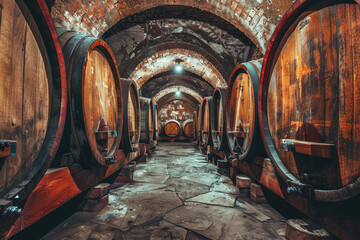 Vintage wine cellar with row wooden oak barrels. Wine making industry. Underground alcohol storage