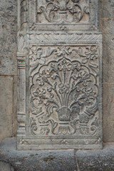 Decorative flower vas wall sculptures of Rajwada, Indore, Madhya Pradesh. Indian Architecture. Ancient Architecture of Indian temple.