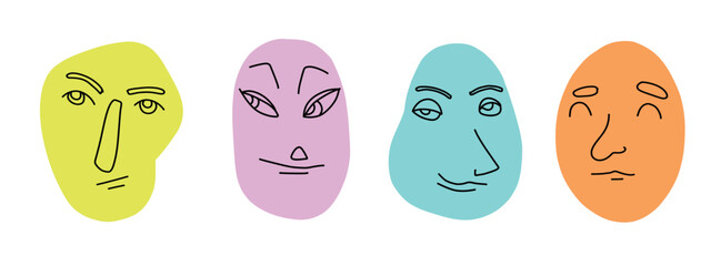 Obraz premium Colorful abstract faces, minimalistic line art, vibrant expressions, modern illustration, playful design.