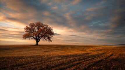 Golden light on solitary tree in field