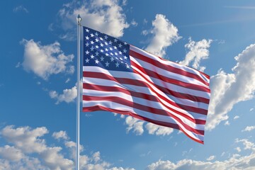The American flag is flying high in the sky, with white clouds in the background Generative AI