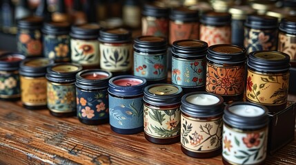 Different styles of cosmetic packaging for lip balms, including tubes and tins. Each item is displayed with unique designs and labels.