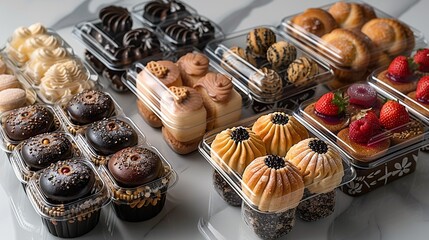 Different styles of luxury food packaging, including clear plastic boxes for pastries and decorative tins for cookies. Each item is shown with and without contents.