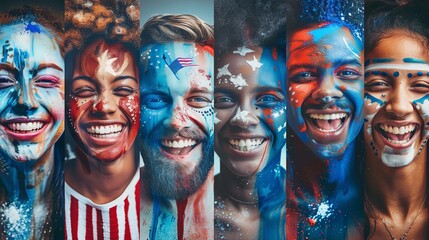 Diverse group with colorful face paint in colors of the USA flag