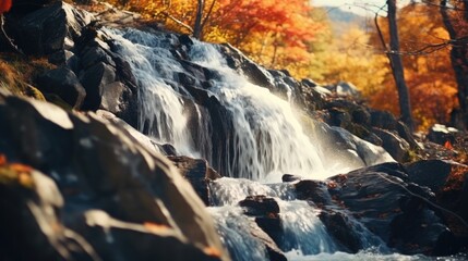 A waterfall is flowing down a rocky hillside