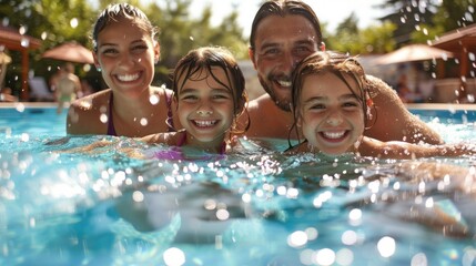 A family of four is enjoying a day at the pool