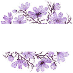 Vintage card template with floral illustration, purple cosmos flowers. Botanical frame design for invitation, print and decoration.