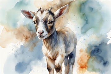 Portrait of baby goat with watercolor splashes. Watercolor animal illustration with colorful background. Design for poster, print, card, and wall art.