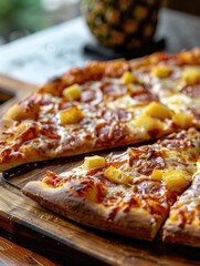 A slice of pizza with pineapple toppings on a wooden board