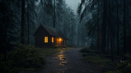 Cozy cabin lit up in foggy forest at night