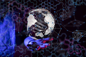 world Global network. Blockchain. 3D illustration. Neural networks and artificial intelligence....