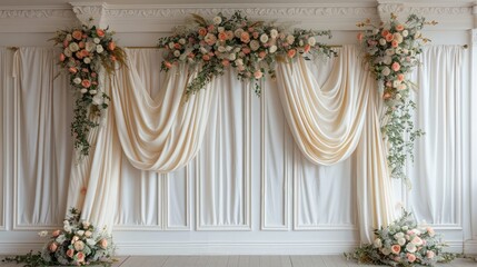 A white curtain with flowers and greenery hanging from it