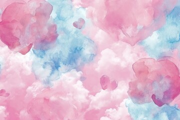 Fototapeta premium A watercolor painting of pink and blue clouds with hearts in the middle