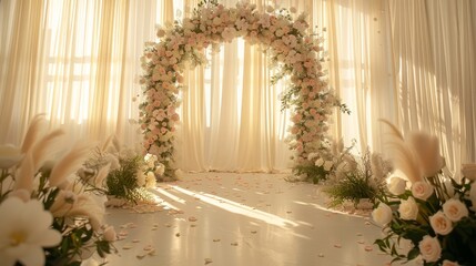 Fototapeta premium A wedding ceremony is taking place in a large room with a white curtain