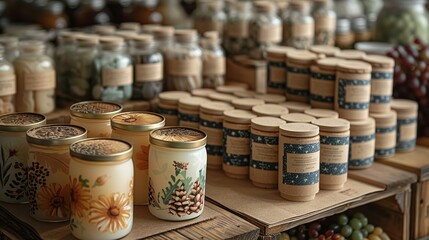 Packaging for artisan products, such as handmade soaps and crafts. The packaging includes paper wraps, cardboard boxes, and glass jars with decorative labels.