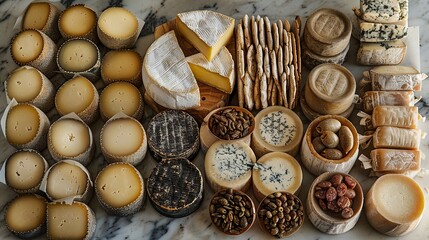 Packaging for artisanal cheeses, including wax-coated rounds and paper wraps. The items are shown with rustic, handcrafted designs.