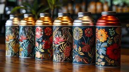 Packaging for gourmet coffee, including foil bags with resealable tops and decorative tins. The packaging is shown with custom labels and branding.