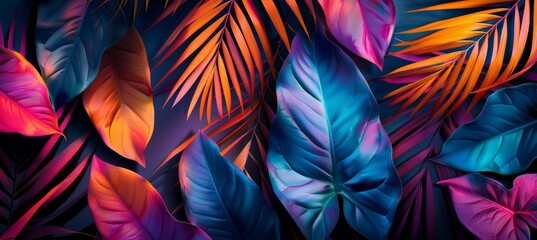 Neon jungle: Vivid tropical leaves in the background blurred 