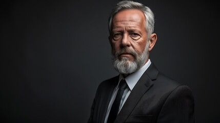 Obraz premium A gray-haired man in a suit and tie looks at the camera with a serious expression.