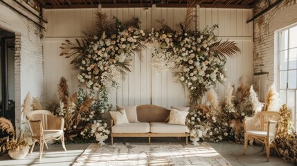 Fototapeta premium A room with a white wall and a floral archway