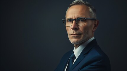 A man in a suit and glasses is looking at the camera with a serious expression.