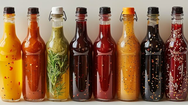 Plastic squeeze bottles, commonly used for condiments and sauces. Each bottle features a different cap design, such as flip-tops and twist-tops.