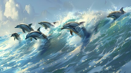 A playful pod of dolphins surfing the waves, their joyful chirps echoing through the air as they ride the ocean's swells with effortless grace.