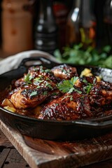 A pan of chicken is sitting on a wooden cutting board. The chicken is covered in a sauce and garnished with parsley