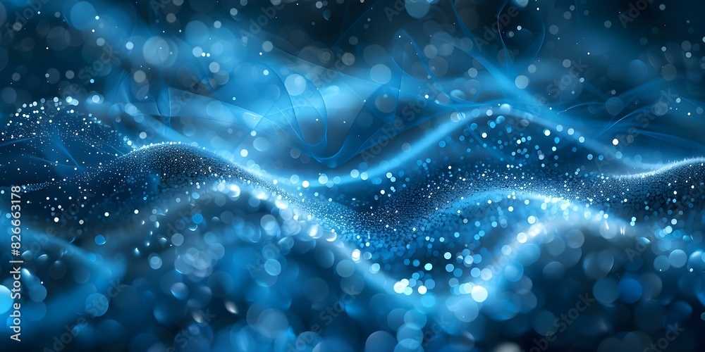 Poster a dynamic display of numerous tiny blue particles and swirling lines. concept particle dynamics, blu