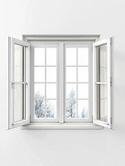 Fototapeta premium A window with two panes of glass and a white frame. The window is open and the view outside is of a snowy landscape