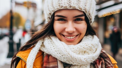 A woman wearing a white hat and scarf is smiling. She is standing on a street with cars and people around her