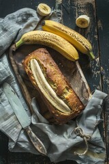 A loaf of banana bread with a banana slice on top sits on a wooden cutting board. The bread is surrounded by bananas, some of which have spots on them. Concept of warmth and comfort, as the bread