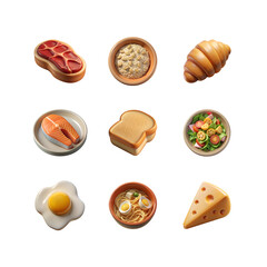 Food set of cute rubber plastic 3d png icons of a healthy dessert of breakfast. Delicious plastics meal like ramen, salad, steak, bread, croissant, cheese, oatmeal, fried egg