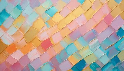 Gentle Pastel Texture Painted with Acrylic Strokes of Gold,  Turquoise, Blue, Pink, Yellow, Coral Colors.