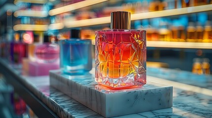 A collection of designer fragrances on a marble stand, with a softly blurred retail shelf behind, and abstract lines and polygonal patterns creating a modern, stylish backdrop.