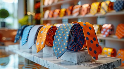 A collection of designer ties on a marble stand, with a retail shelf behind softly blurred, surrounded by abstract shapes and nature-inspired motifs for a modern look.