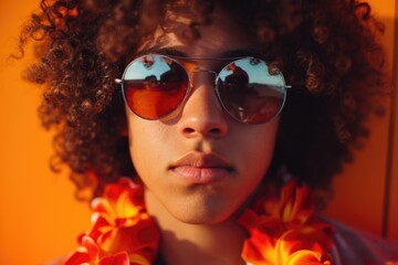 A man with curly hair is wearing sunglasses and a flower lei. The image has a warm and tropical vibe, with the orange background and the bright colors of the lei and sunglasses