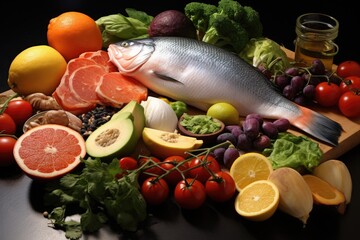 A variety of fruits and vegetables are displayed on a wooden cutting board. Concept of abundance and health, as it showcases a diverse selection of fresh produce. The arrangement of the fruits