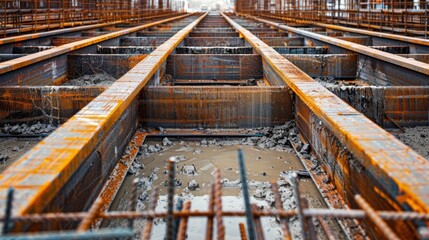 A maze of steel beams and concrete panels taking shape creating the foundation for a new structure.