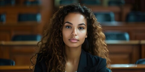 Dramatic courtroom scene featuring a determined female lawyer in action. Concept Legal Drama, Female Empowerment, Courtroom Setting, Strong Female Lead, Trial Scene