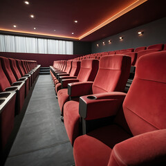 A Close up of multiple rows of red theatre seats at a cinema hall, front view with copy space
