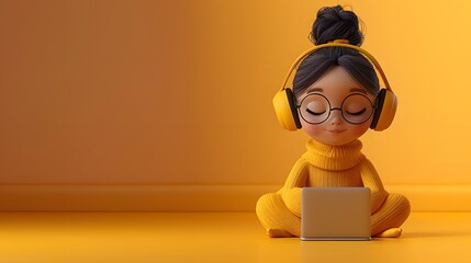 3D character girl with headphones working on a laptop computer against a yellow colored background, in the style of minimalism. 2D illustrated figure