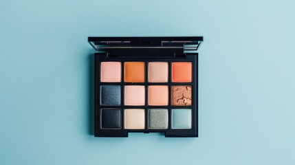 Makeup palette with 18 shades of eyeshadow on a light blue background