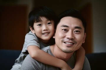 A man and a child are smiling at the camera. The man is holding the child on his shoulders