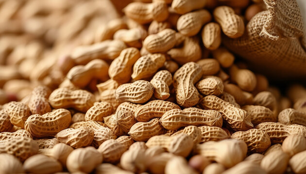 Peanuts in jute sack bag, background is peanut farm, roasted peanuts are poured and overturned
