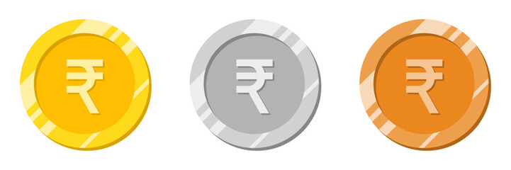Rupees coin in golden color. Indian currency with shiny effect vector illustration in gold, silver and bronze color. Rupee coin vector.