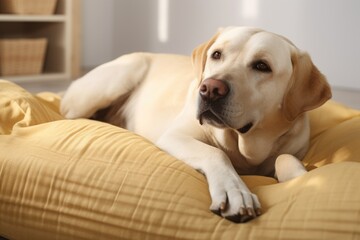A dog is laying on a yellow blanket. The dog is looking at the camera